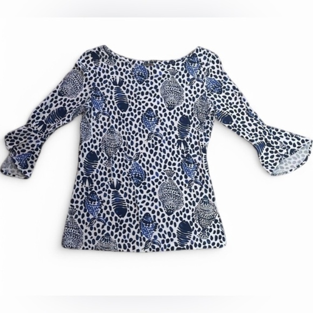 Lilly Pulitzer Fontaine Top- High Tide Navy Heart And Sole Fish Print, size XXS